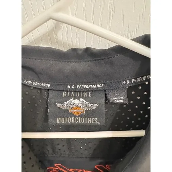 Black & Orange  Harley Davidson Patch Zipper Perforated Collared Zip Up Shirt L - Picture 5 of 9
